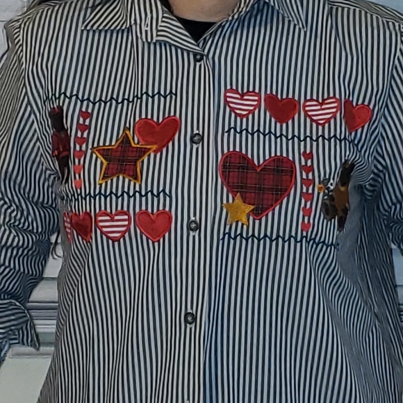 Vintage Karen Scott shirt w/ hearts & teddy bears. Stripes and stars y2k - Picture 6 of 7